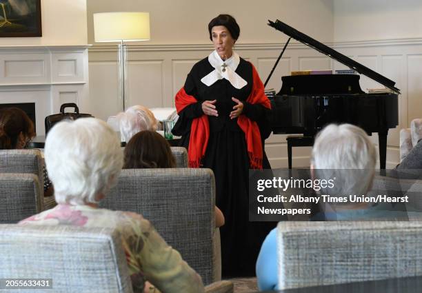 Linda McKenney talks during a reenactment of Susan B. AnthonyÕs life to commemorate New YorkÕs 100th anniversary of women achieving the right to vote...