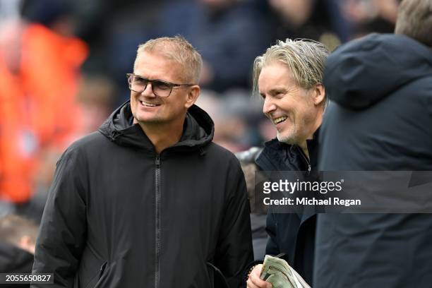 Alf-Inge Haaland, former Norwegian football player and father of Erling Haaland of Manchester City, interacts with Jan Age Fjortoft, former Norwegian...