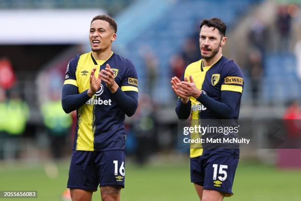 Marcus Tavernier and Adam Smith of AFC Bournemouth acknowledges the fans after the Premier League match between Burnley FC and AFC Bournemouth at...