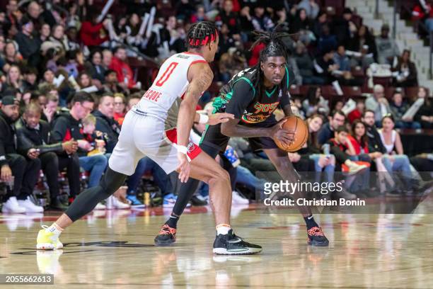 Kira Lewis Jr. #22 of the Raptors 905 handles the ball during an NBA G League game against the Rio Grande Valley Vipers at the Paramount Fine Foods...