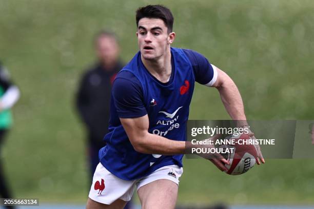 French scrum half Nolann Le Garrec takes part in a training session of France's rugby union national team ahead of their upcoming Six Nations match...