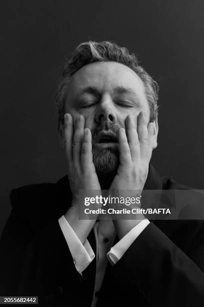 Actor Michael Sheen is photographed backstage at the 2024 EE BAFTA Film Awards, held at The Royal Festival Hall on February 18, 2024 in London,...