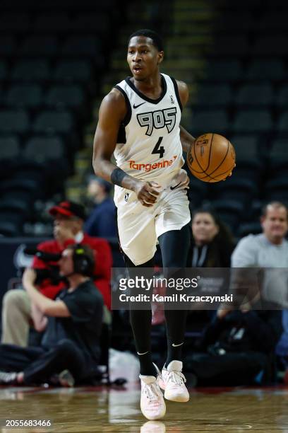 Omari Moore of the Raptors 905 brings the ball up court during the game against the Windy City Bulls on February 29, 2024 at NOW Arena in Hoffman...
