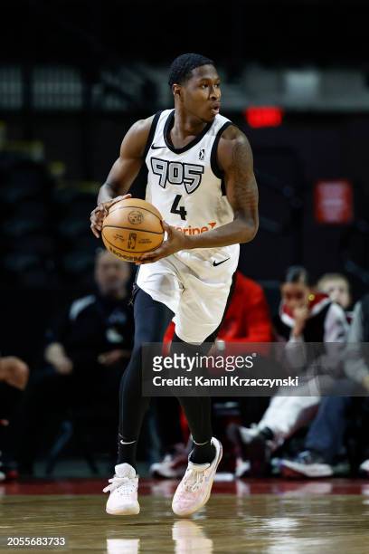 Omari Moore of the Raptors 905 controls the ball during the game against the Windy City Bulls on February 29, 2024 at NOW Arena in Hoffman Estates,...