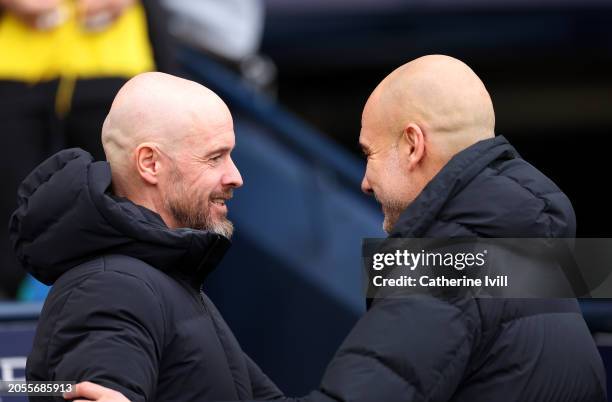 Erik ten Hag, Manager of Manchester United, and Pep Guardiola, Manager of Manchester City, interact prior to kick-off ahead of the Premier League...