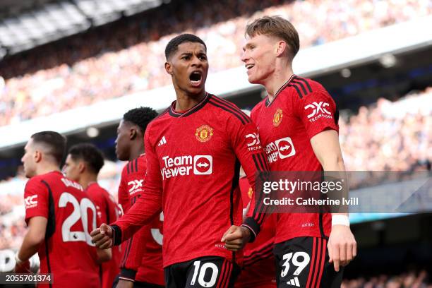 Marcus Rashford of Manchester United celebrates with Scott McTominay of Manchester United after scoring his team's first goal during the Premier...