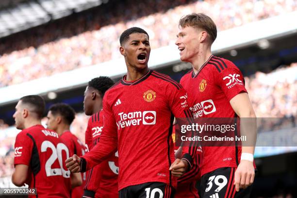 Marcus Rashford of Manchester United celebrates with Scott McTominay of Manchester United after scoring his team's first goal during the Premier...