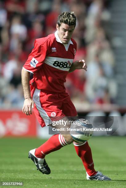 August 28: Franck Queudrue of Middlesbrough on the ball during the Premier League match between Middlesbrough and Crystal Palace at Riverside Stadium...