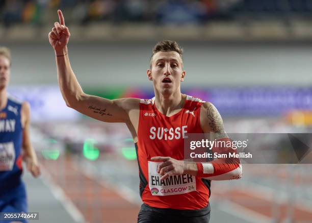 Simon Ehammer of Switzerland in the Mens 60m Hurdles Heptathlon during day three of the World Athletics Indoor Championships at Emirates Arena on...