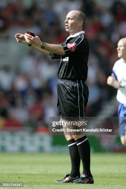 August 28: Mike Dean, FIFA Referee pointing during the Premier League match between Middlesbrough and Crystal Palace at Riverside Stadium on August...