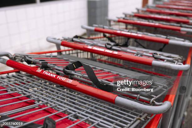 Shopping carts outside a BJ's Wholesale Club location in Albany, New York, US, on Monday, March 4, 2024. BJ's Wholesale Club Holdings Inc. Is...
