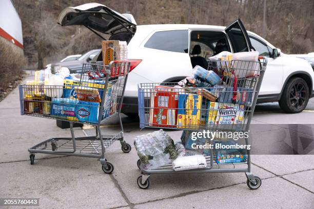 Shopping carts outside a BJ's Wholesale Club location in Rotterdam, New York, US, on Monday, March 4, 2024. BJ's Wholesale Club Holdings Inc. Is...