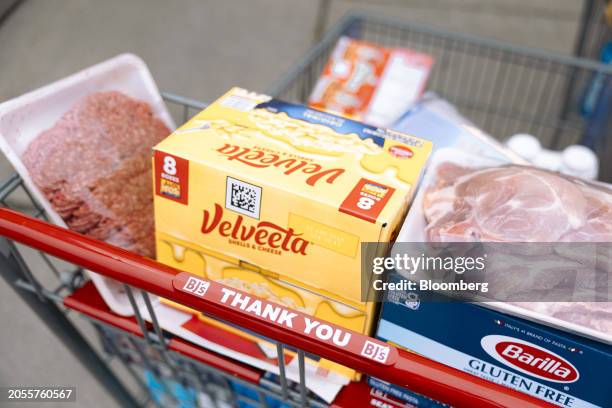 Groceries in a cart outside a BJ's Wholesale Club location in Rotterdam, New York, US, on Monday, March 4, 2024. BJ's Wholesale Club Holdings Inc. Is...