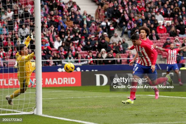 Alvaro Morata of Atletico Madrid scores his team's second goal during the LaLiga EA Sports match between Atletico Madrid and Real Betis at Civitas...
