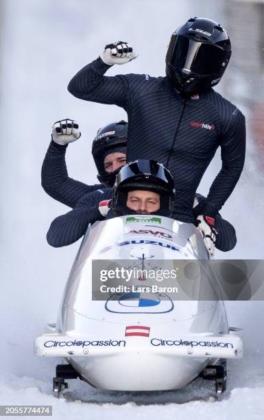 Markus Treichl, Sascha Stepan, Markus Sammer and Kristian Huber of Austria celebrate after their final run of the 4-man Bobsleigh competition at the...