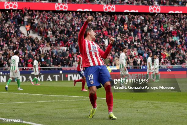 Alvaro Morata of Atletico Madrid celebrates scoring his team's second goal during the LaLiga EA Sports match between Atletico Madrid and Real Betis...