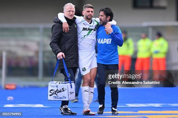 Domenico Berardi of US Sassuolo injured during the Serie A TIM match between Hellas Verona FC and US Sassuolo - Serie A TIM at Stadio Marcantonio...
