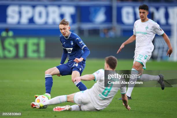 Maximilian Beier of TSG 1899 Hoffenheim is challenged by Mitchell Weiser of SV Werder Bremen during the Bundesliga match between TSG Hoffenheim and...