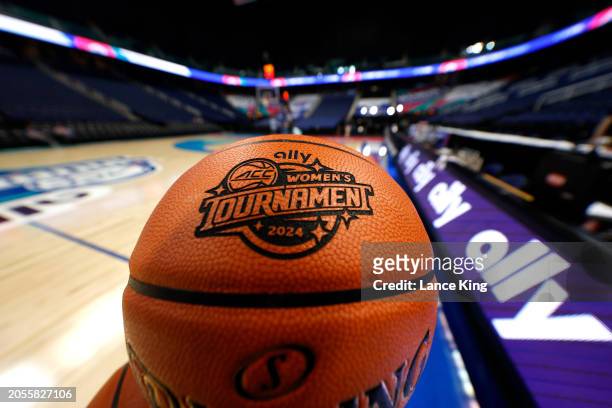 View of the ACC Tournament logo on a Spalding basketball ahead of the First Round of the ACC Women's Basketball Tournament at Greensboro Coliseum on...