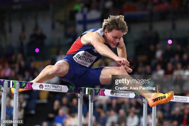 Sander Stocktheim of Norway competes in the 60m Hurdles of the Men's Heptathlon during Day Three of The World Athletics Indoor Championships at...