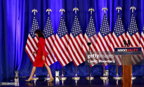 Nikki Haley, former governor of South Carolina and 2024 Republican presidential candidate, departs after speaking during an event in Charleston,...