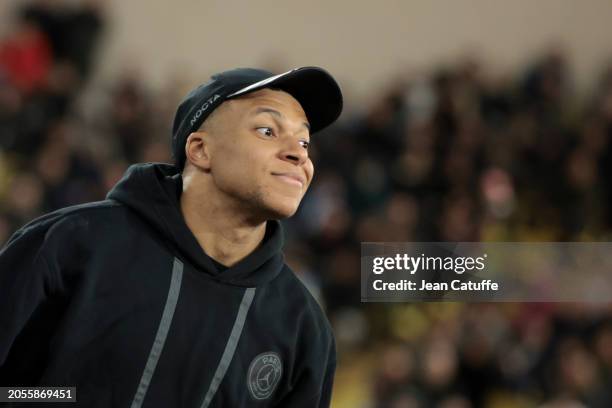 Kylian Mbappe of PSG spent the second half in the stands after being replaced at half-time during the Ligue 1 Uber Eats match between AS Monaco and...