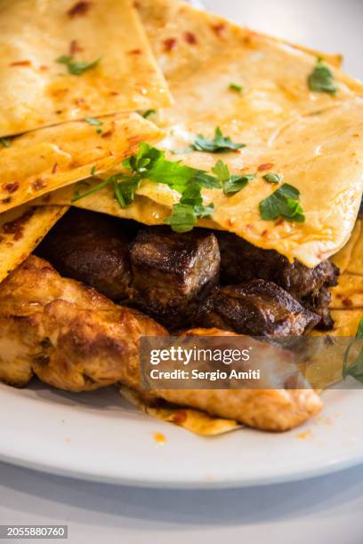 saudi meat kebab plate - lavash stock pictures, royalty-free photos & images