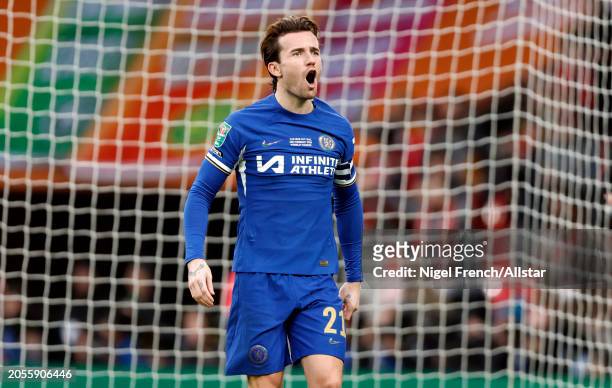 Ben Chilwell of Chelsea shouting during the Carabao Cup Final match between Chelsea and Liverpool at Wembley Stadium on February 25, 2024 in London,...