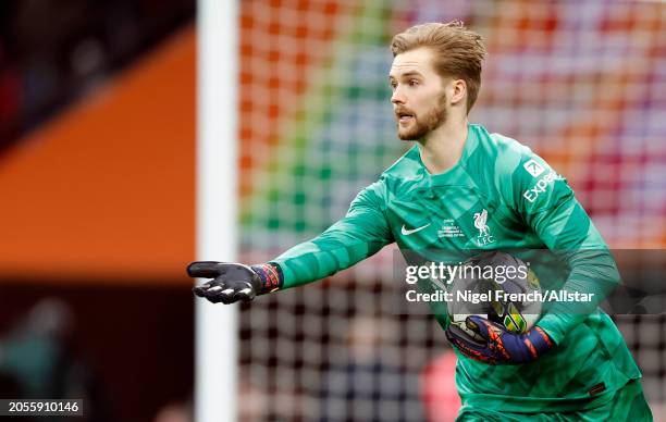 Caoimhin Kelleher, goalkeeper of Liverpool on the ball during the Carabao Cup Final match between Chelsea and Liverpool at Wembley Stadium on...