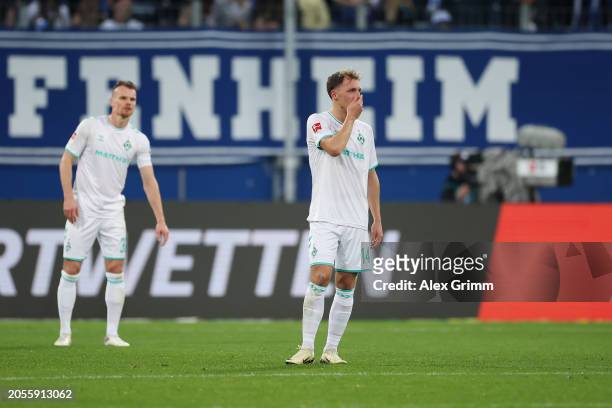 Senne Lynen of SV Werder Bremen reacts during the Bundesliga match between TSG Hoffenheim and SV Werder Bremen at PreZero-Arena on March 03, 2024 in...