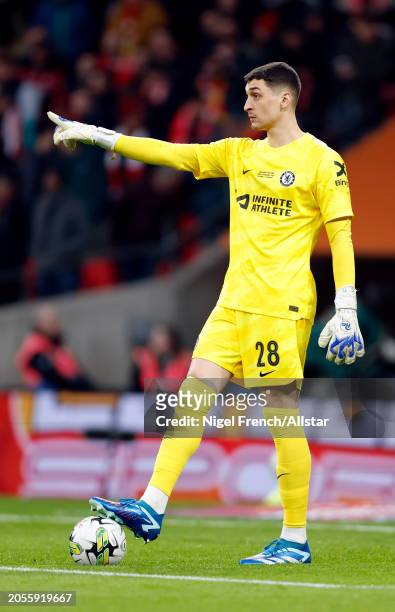 Djordje Petrovic, Goalkeeper of Chelsea pointing during the Carabao Cup Final match between Chelsea and Liverpool at Wembley Stadium on February 25,...