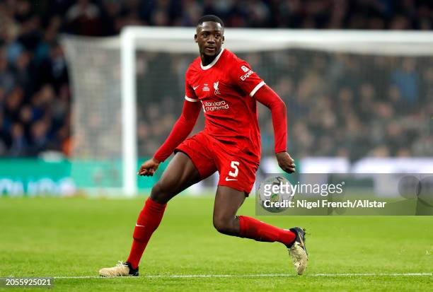 Ibrahima Konate of Liverpool on the ball during the Carabao Cup Final match between Chelsea and Liverpool at Wembley Stadium on February 25, 2024 in...