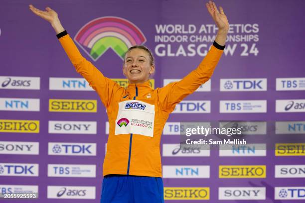 Gold medalist, Femke Bol of the Netherlands poses for photos during the medal ceremony for the Womens 3000m Final during day two of the World...