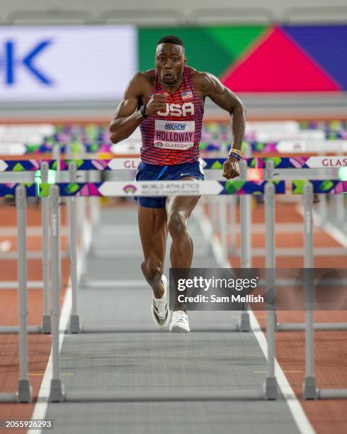 Grant Holloway of the United States in the Mens 60 Metres Hurdles Semi Final during day two of the World Athletics Indoor Championships at Emirates...