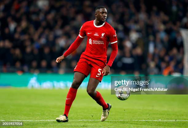 Ibrahima Konate of Liverpool on the ball during the Carabao Cup Final match between Chelsea and Liverpool at Wembley Stadium on February 25, 2024 in...