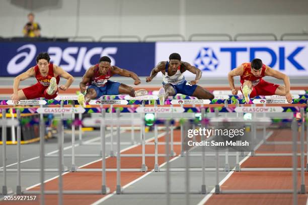 Junxi Liu of China, Cameron Murray of the United States, Just Kwaou-Mathey of France and Asier Martinez of Spain compete in the Mens 60 Metres...