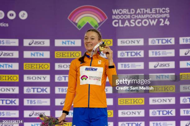 Gold medalist, Femke Bol of the Netherlands poses for photos during the medal ceremony for the Womens 3000m Final during day two of the World...