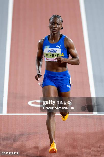 Julien Alfred of St Lucia competes in the Women's 60m Semi Final during day two of the World Athletics Indoor Championships at Emirates Arena on...