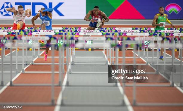 Grant Holloway of the United States in the Mens 60 Metres Hurdles Semi Final during day two of the World Athletics Indoor Championships at Emirates...