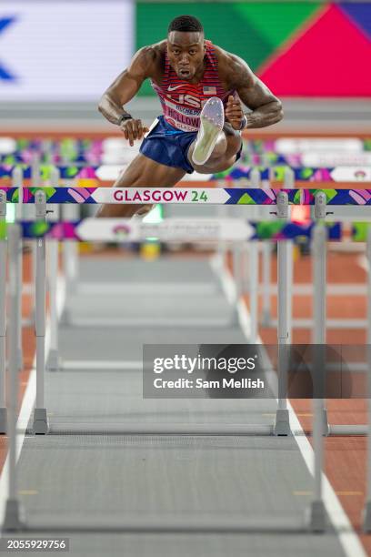 Grant Holloway of the United States in the Mens 60 Metres Hurdles Semi Final during day two of the World Athletics Indoor Championships at Emirates...