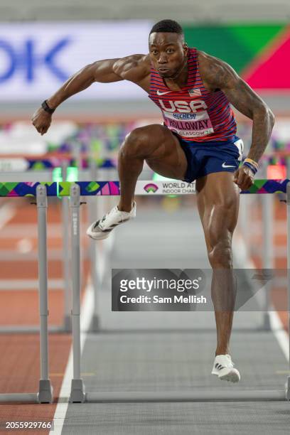 Grant Holloway of the United States in the Mens 60 Metres Hurdles Semi Final during day two of the World Athletics Indoor Championships at Emirates...