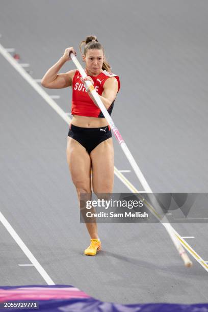 Angelica Moser of Switzerland competes in the Womens Pole Vault Final during day two of the World Athletics Indoor Championships at Emirates Arena on...