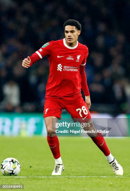 Jarell Quansah of Liverpool on the ball during the Carabao Cup Final match between Chelsea and Liverpool at Wembley Stadium on February 25, 2024 in...