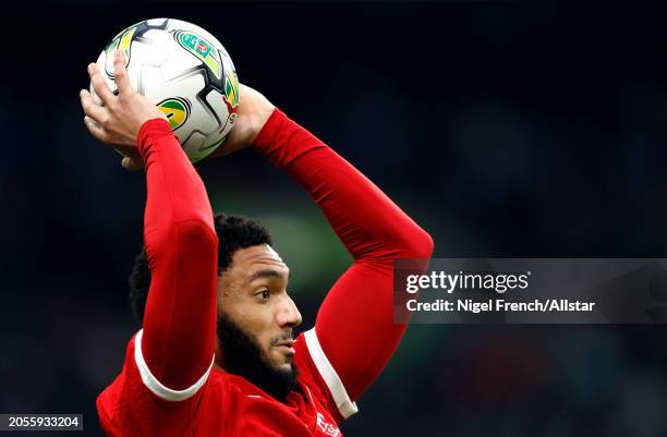 Joe Gomez of Liverpool on the ball during the Carabao Cup Final match between Chelsea and Liverpool at Wembley Stadium on February 25, 2024 in...