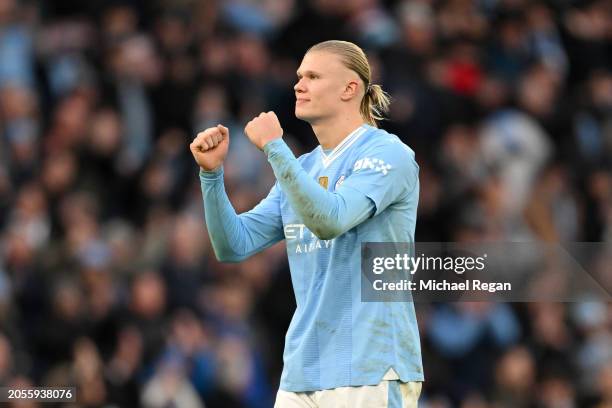 Erling Haaland of Manchester City celebrates at full-time following the team's victory in the Premier League match between Manchester City and...