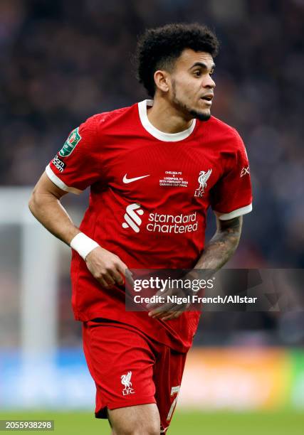 Luis Diaz of Liverpool on the ball during the Carabao Cup Final match between Chelsea and Liverpool at Wembley Stadium on February 25, 2024 in...