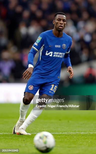 Nicolas Jackson of Chelsea on the ball during the Carabao Cup Final match between Chelsea and Liverpool at Wembley Stadium on February 25, 2024 in...