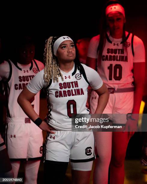 Te-Hina Paopao of the South Carolina Gamecocks looks on before their game against the Tennessee Lady Vols at Colonial Life Arena on March 03, 2024 in...