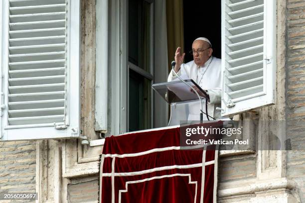 Pope Francis delivers his Sunday Angelus blessing from his studio overlooking St. Peter's Square on March 03, 2024 in Vatican City, Vatican. Pope...