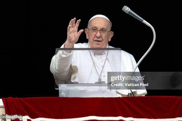 Pope Francis delivers his Sunday Angelus blessing from his studio overlooking St. Peter's Square on March 03, 2024 in Vatican City, Vatican. Pope...